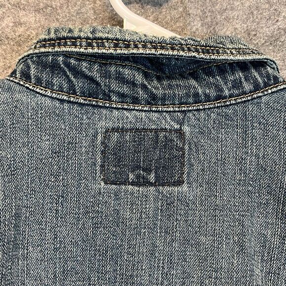 AMERICAN EAGLE Denim Jean Jacket Women's Large Blue Patches Boyfriend Trucker - Picture 15 of 16